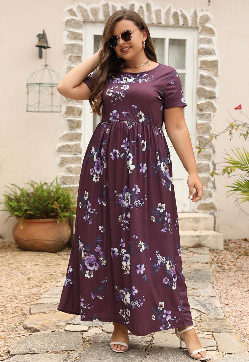 Nemidor Plus Size Maxi Dresses for Curvy Women Summer Casual Loose Short Sleeve Long Beach Dress with Pocket(149,18,Red Bean+Print) - Image 3